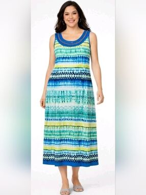 Catherines 3X Blue Green Maxi Dress Sleeveless Boho Summer Plus Size